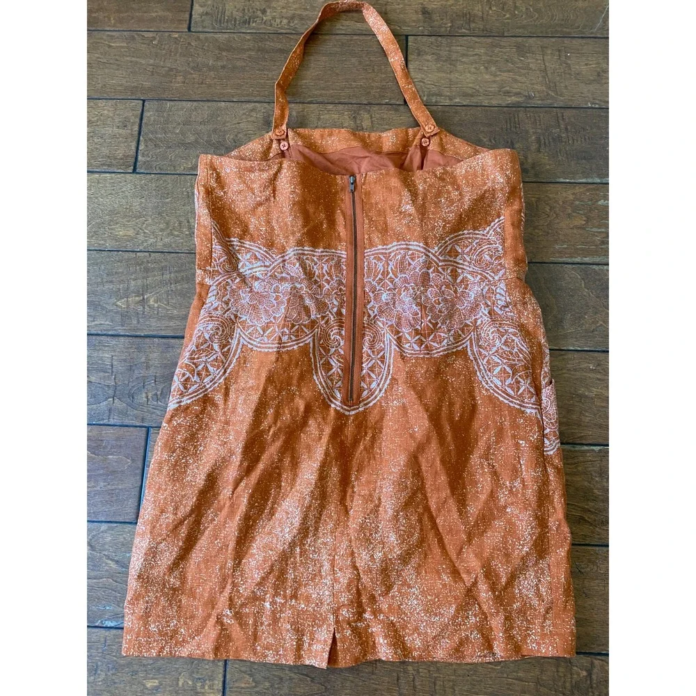 Peruvian Connection linen blend orange strapless‎ mini dress Sz 14 Pockets